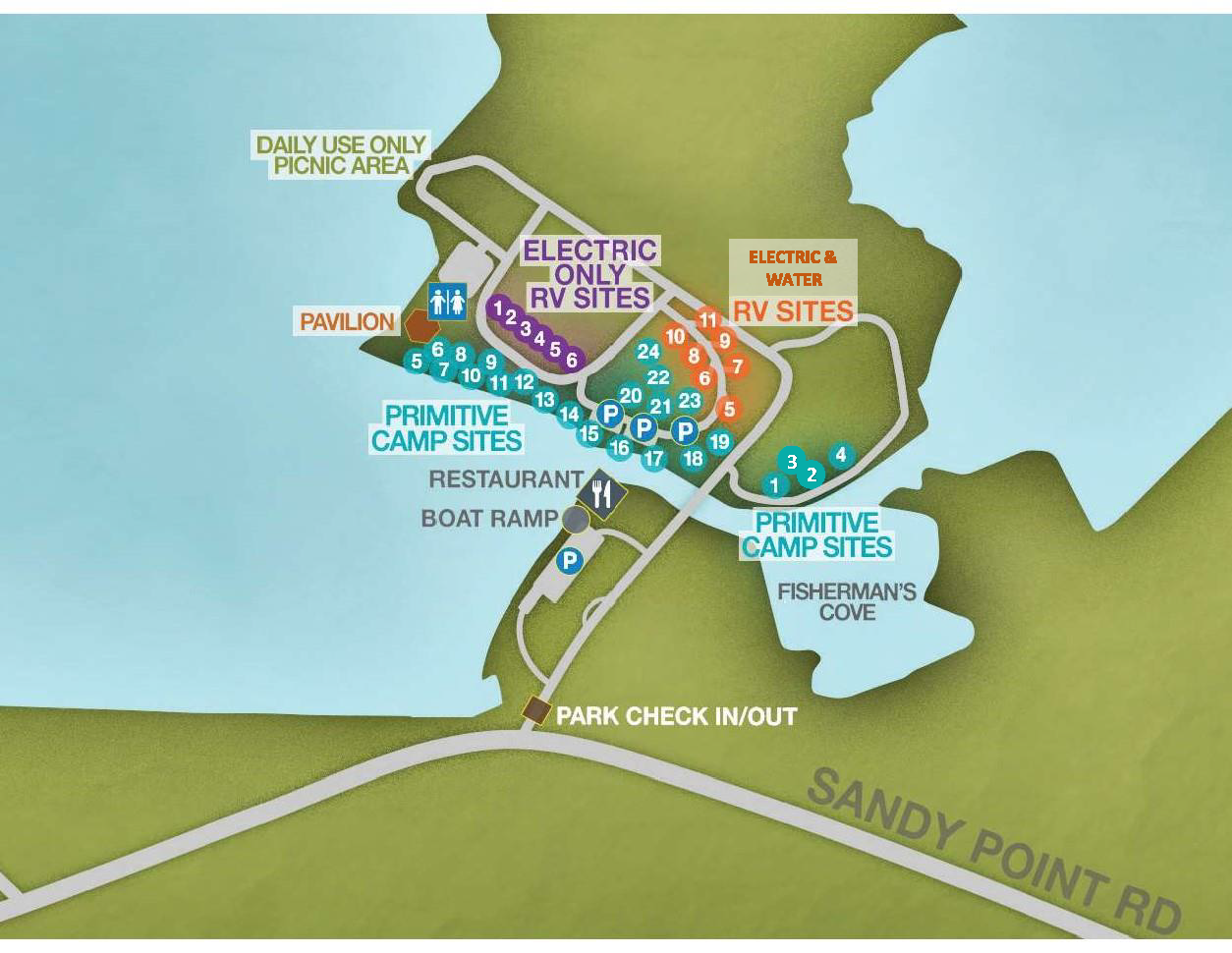 Map of the campsites and layout of the park at Lake Bryan